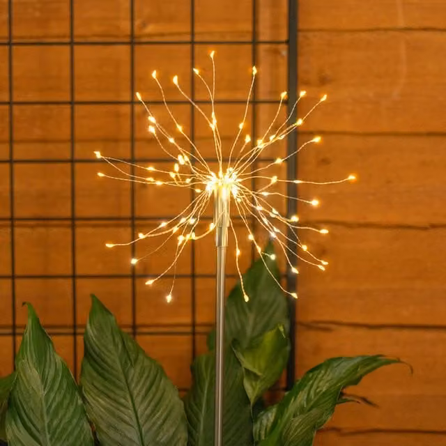 ValueLights Set of 2 Silver Stainless Steel Firework Solar Stake Lights with Warm White Effect