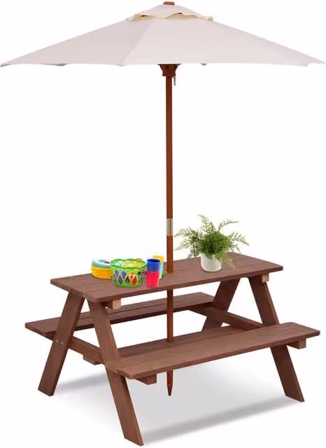 Gymax Brown Treated Hardwood Outdoor Picnic Table with Removable Umbrella for Garden and Children – 1