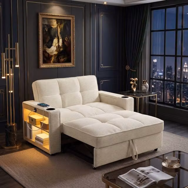 FENCHILIN 2-Seater Pull Out Sofa Bed with LED Lighting, Side Storage and Cup Holders in Beige