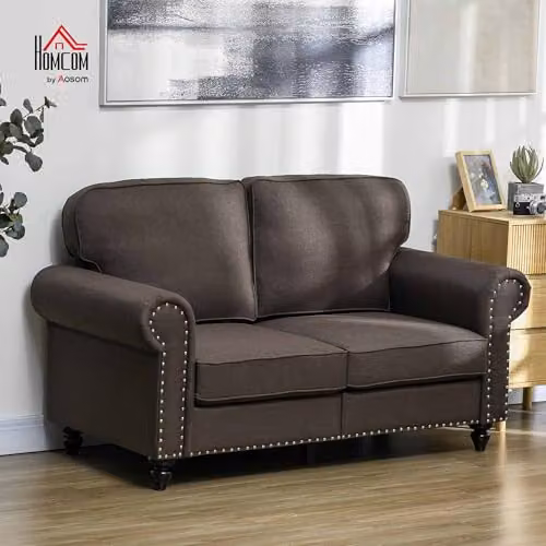 HOMCOM 2 Seater Fabric Sofa with Nailhead Trim and Rolled Arms in Dark Brown – 2