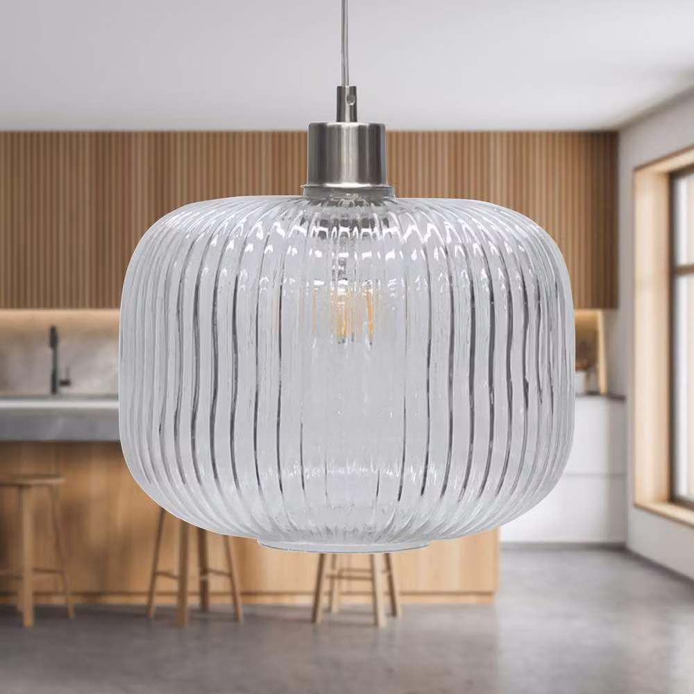 First Choice Lighting Batley Large Pendant Light with Transparent Ribbed Glass and Silver Satin Nickel Fitting, H 127.5 cm x W 25.5 cm x D 25.5 cm – 2