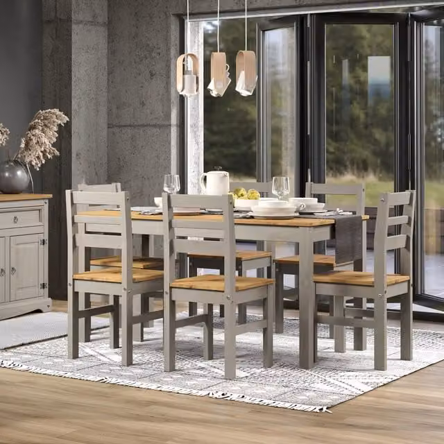 Core Products Grey Corona Linea Rectangular Pine Dining Table and 6 Chairs Set, Waxed Finish, W/D/H: 120 x 75 x 75 cm