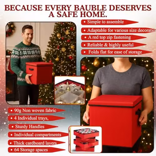 Almineez Red Christmas Tree Bauble Decoration Organiser Box with 4 Removable Trays and Carry Handles, Holds 64 Ornaments – 4
