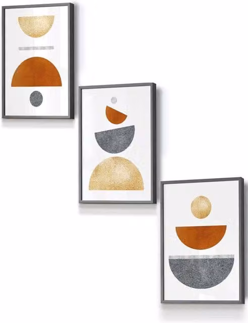 ARTZE Mid Century Abstract Geometric Framed Wall Art in Orange, Gold and Grey, W: 33 cm, H: 45 cm, D: 0.2 cm