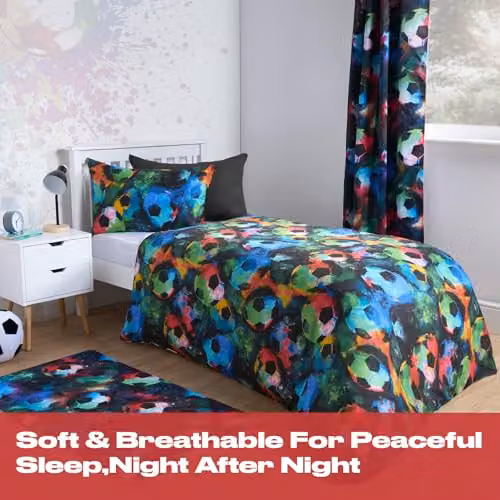 OHS Reversible Neon Football Duvet Cover and Pillowcase Set for Children, Multicolour, W/D/H: 200 x 200 cm with 2 x 50 x 75 cm Pillowcases – 2