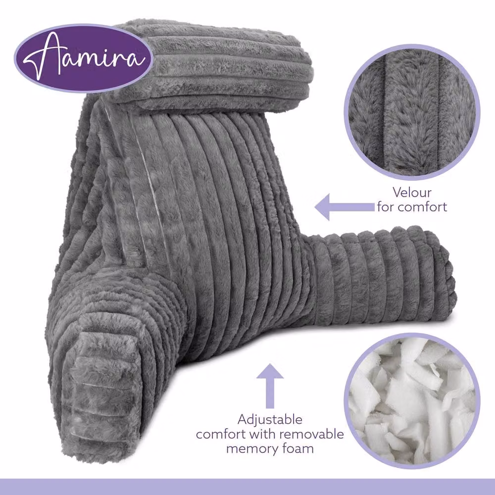 Aamira Grey Faux Fur Ribbed Memory Foam Reading Pillow Wedge Support Cushion W/D/H: 50 x 50 x 66 cm – 9