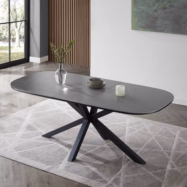 Home Detail Violet Extendable Rectangular Dining Table with Black Sintered Stone Ceramic Top and Grey Matt Finish