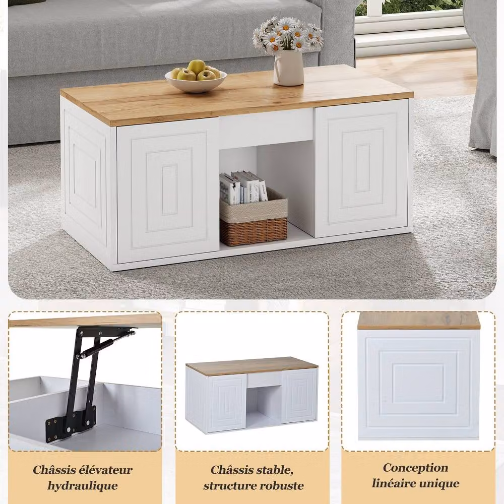 Rolipo Height Adjustable Modern Coffee Table with Storage Cabinets in White and Brown Wood Finish – 3