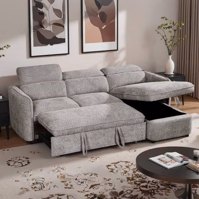 Furnishings For Less UK Ria L-Shaped 4 Seater Fabric Corner Sofa Bed in Grey – 1
