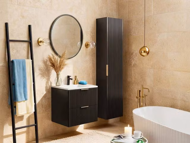 Vente-unique Modern Wall-Mounted Black Ribbed Bathroom Vanity Unit and Tall Cabinet Set with Soft-Close Doors, W/D/H: 60 x 46 x 57 cm