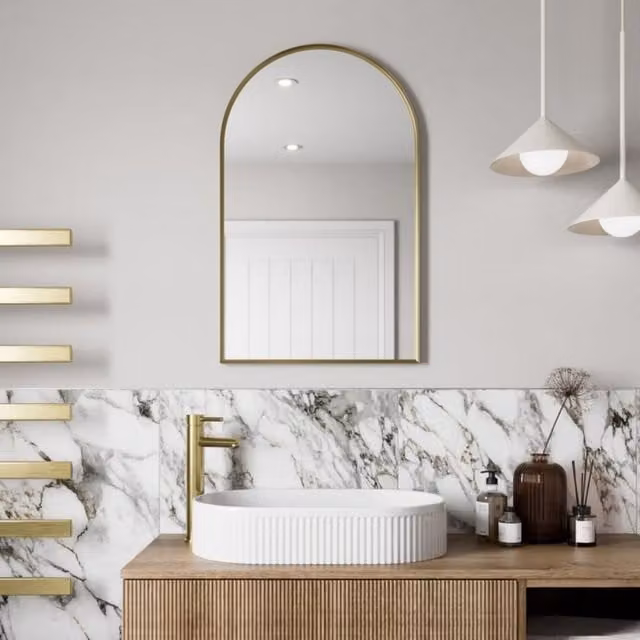 Bathwell Modern Arch Design Wall Mounted Bathroom Mirror in Brushed Brass, W: 50 cm, H: 80 cm