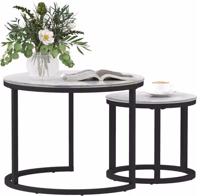 STILVORA 2 Piece Modern Round Nesting Coffee Table Set with Glass Tops and White Metal Sled Base
