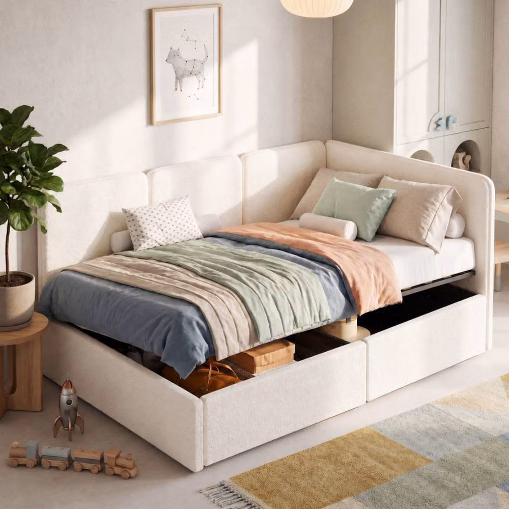 BTM Single Ottoman Daybed with Hydraulic Lift Storage, Beige Boucle Upholstered Chaise, W/D/H: 190 x 90 x 76.5 cm – 3