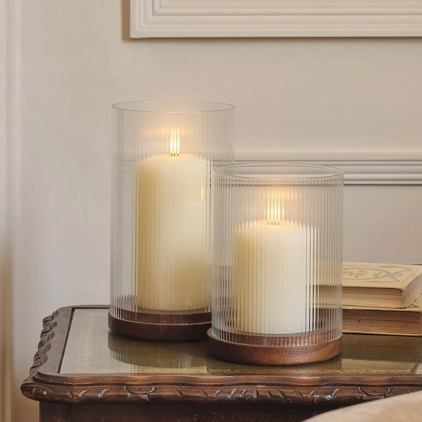 TruGlow® LED Pillar Candle and Transparent Striped Fluted Glass Hurricane Candle Holder Duo with Remote Control and Timer