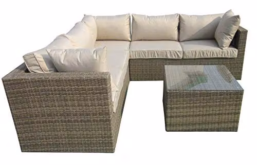 Chusstang 6 Seater Rattan Garden Furniture Set with Cushions and Dining Table in Nature