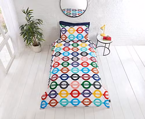 Rapport Home London Underground Reversible Polycotton Duvet Cover and Pillowcase Set, Multicolour and White, W/D/H: 135 x 200 cm