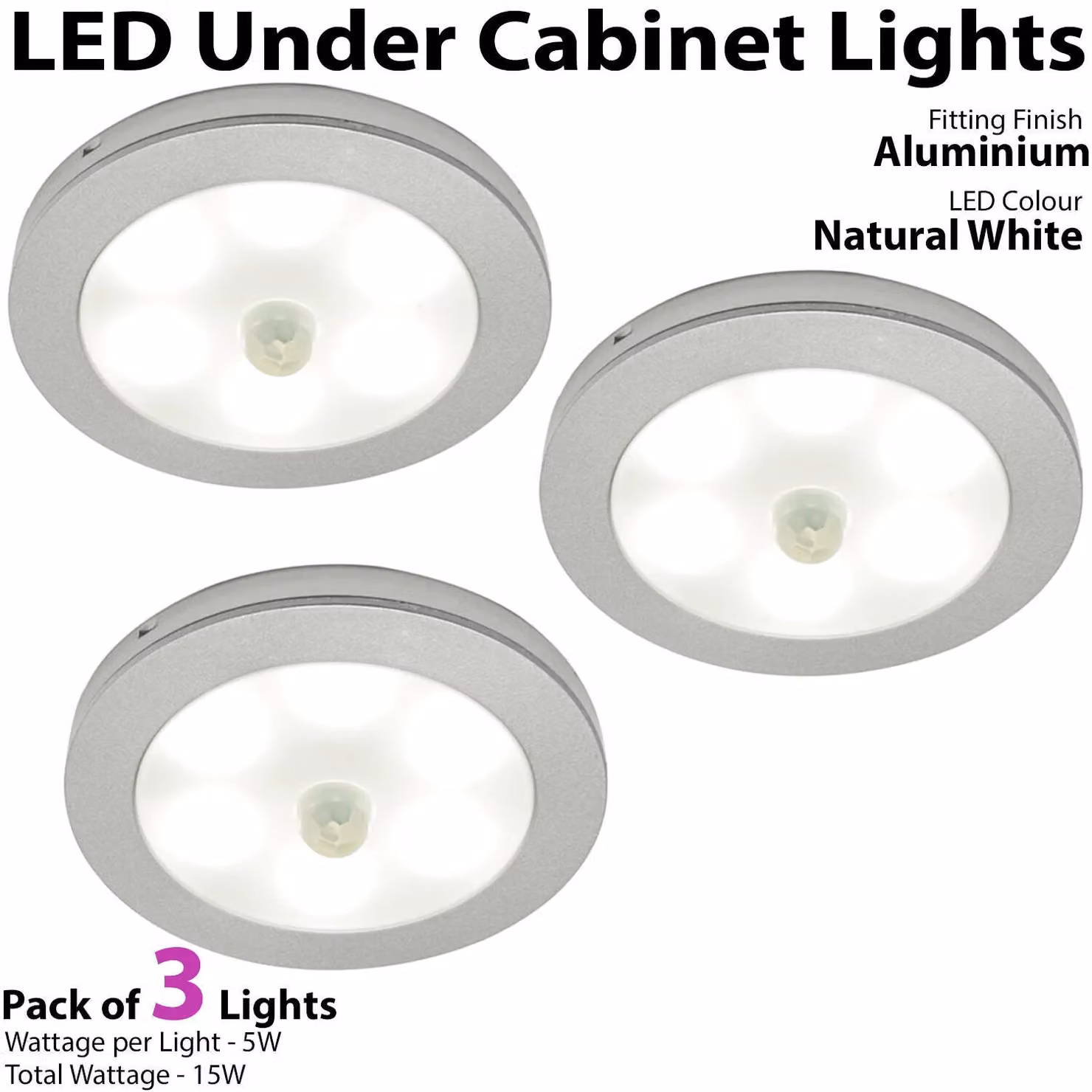 Loops 3x Aluminium Ultra-Slim Round Under Cabinet LED Kitchen Light and Driver Kit in Silver with Motion Sensor – 2