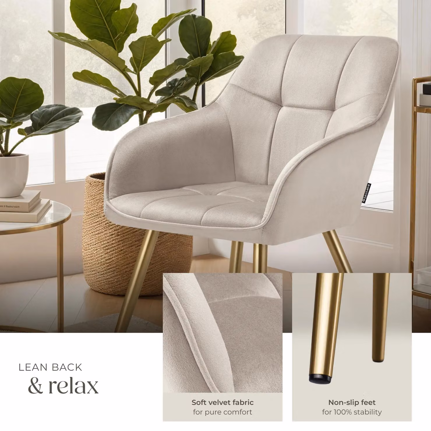 tectake Marilyn Dining Chair Set of 2 in Taupe and Gold Velvet Fabric – 3