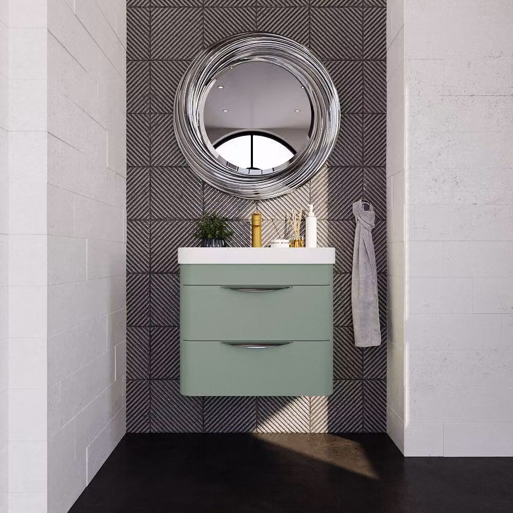 Balterley Wave 600mm Wall Hung 2 Drawer and Thin-Edge Ceramic Basin in Satin Green – 2
