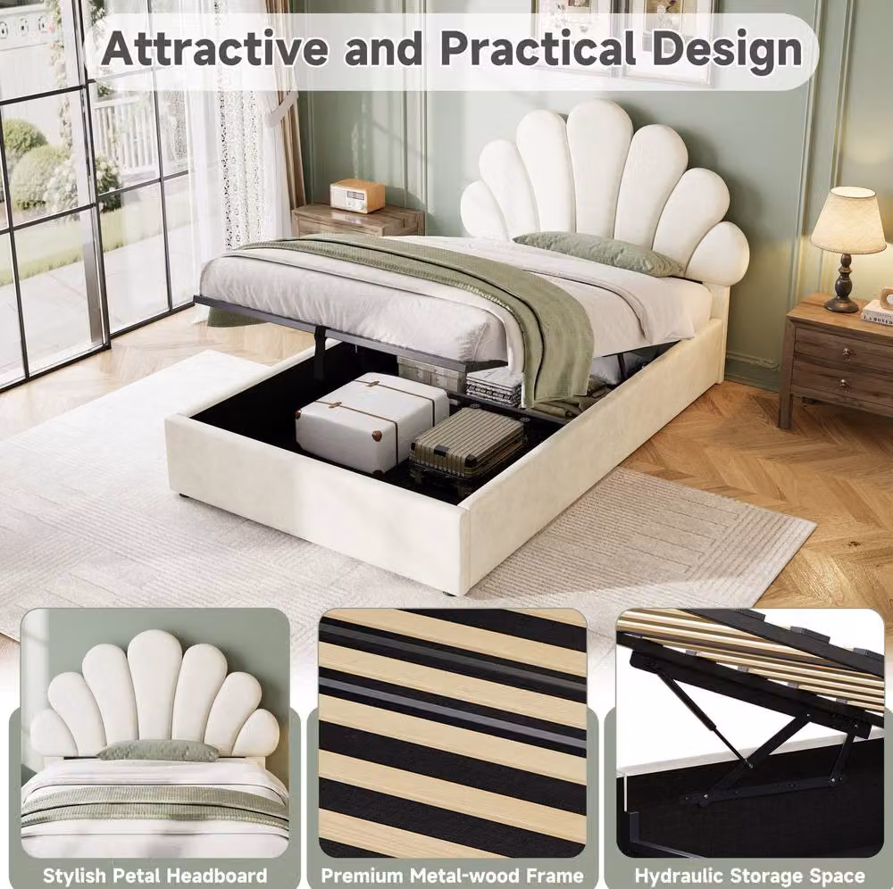 STILVORA Single Upholstered Bed with Hydraulic Storage and Petal Headboard in Beige Velvet Fabric, W/D/H: 90 x 200 cm – 3