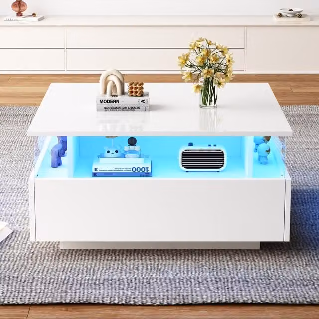 Aosom.UK Modern White LED Square Coffee Table with Storage and Bluetooth Control, W: 70 cm, D: 70 cm, H: 41 cm