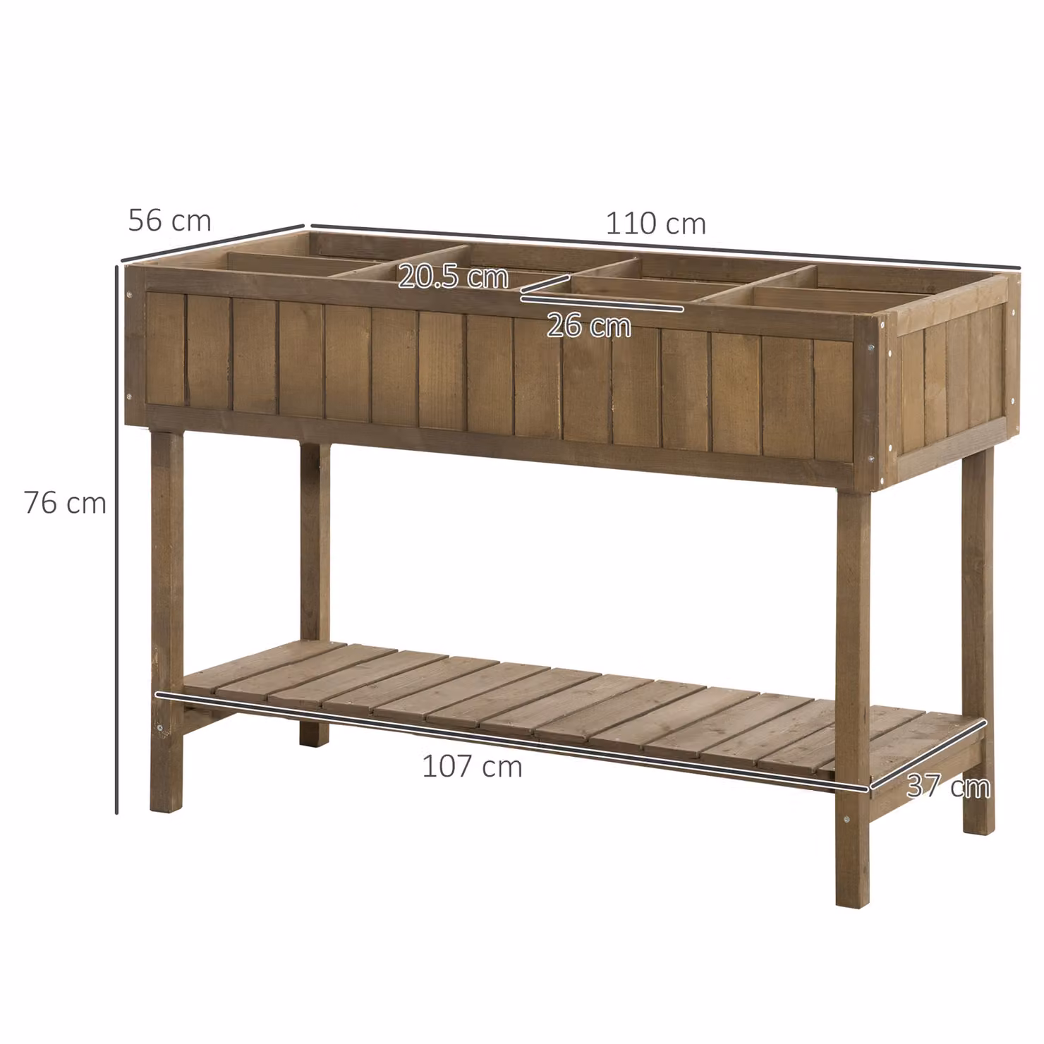 Outsunny Brown Wooden Raised Flower Bed with 8 Inner Cubes, Bottom Shelf and Drainage Holes, W: 110 cm, D: 46 cm, H: 76 cm – 3