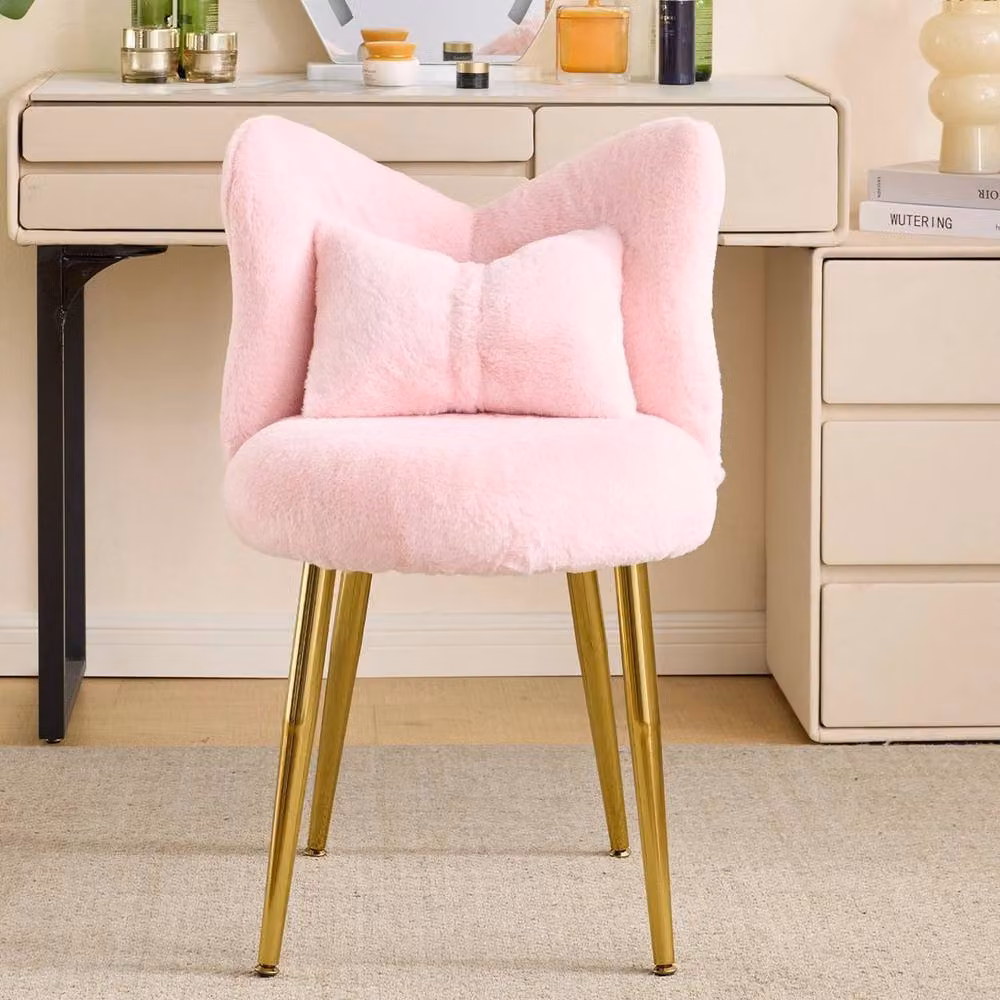 KORVIXA Pink Fabric Vanity Makeup Stool with Upholstered Metal Frame – 2