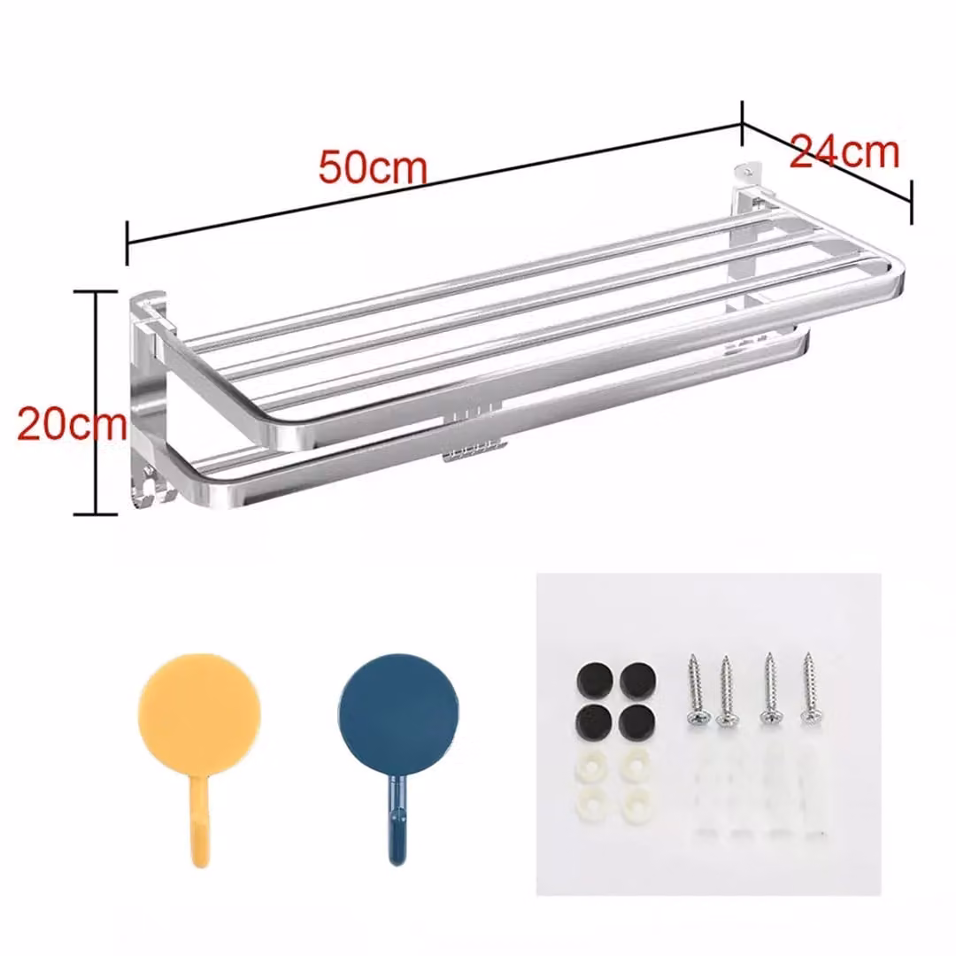 Hinsinc Double Tier Wall Mounted Stainless Steel Bathroom Towel Rail with Folding Shelf and Hooks in Silver – 2