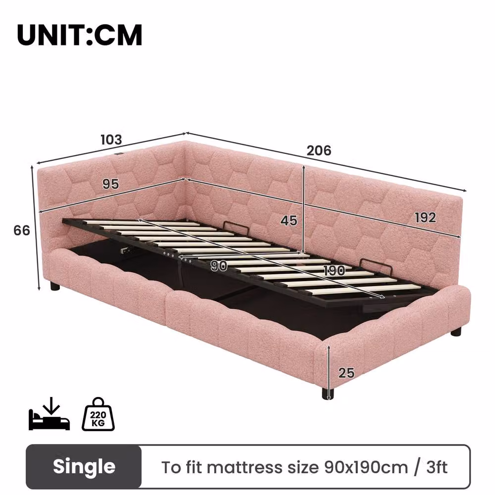 Matteo Pink Boucle 3ft Single Hydraulic Storage Bed with Smart RGB LED Lights and USB Charging Port W/D/H: 90 x 190 cm – 4