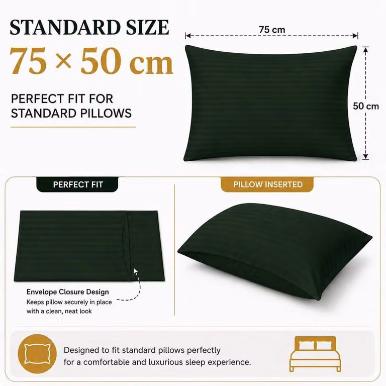 Homes-Linen Set of 2 Microfibre Striped Pillowcases in Green, W/H: 50 x 70 cm