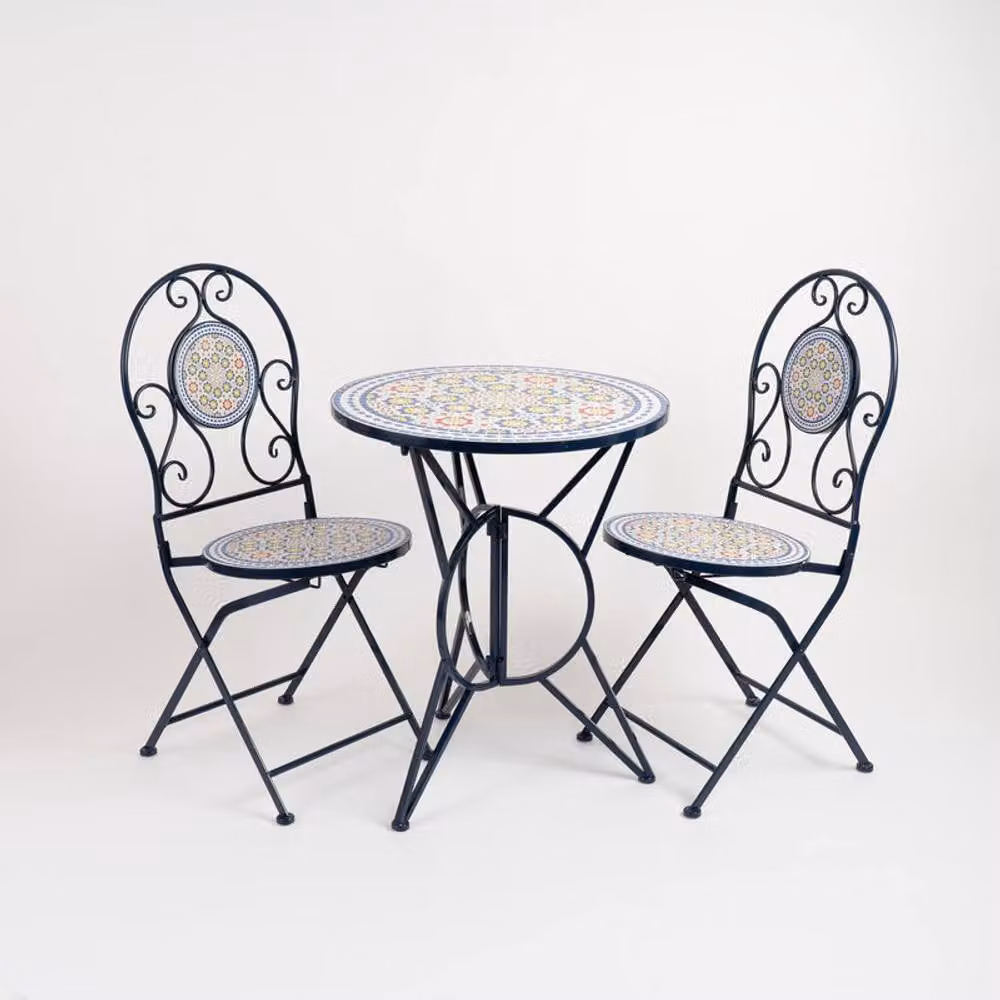Scottish Everlastings Ltd Blue Mediterranean Floral Mosaic Bistro Set with Metal Iron Frame – 3
