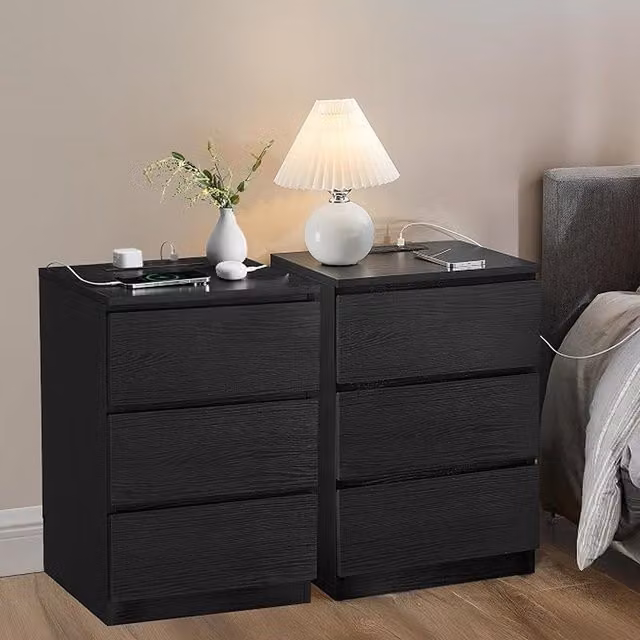 VASAGLE Set of 2 Modern Bedside Tables with Power Strip in Ebony Black