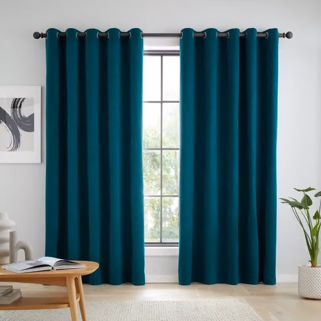 Catherine Lansfield Wilson Velvet Thermal Blackout Eyelet Curtains in Petrol Green