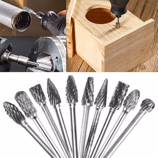 KDMK 10-Piece Tungsten Carbide Rotary Burr Bit Die Grinder Set with 6mm Shank, Silver