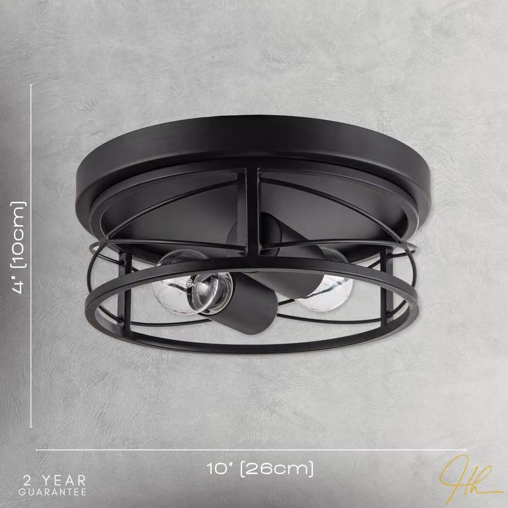 Happy Homewares Industrial Vintage Black Round Flush Ceiling Light with Wire Design – 6