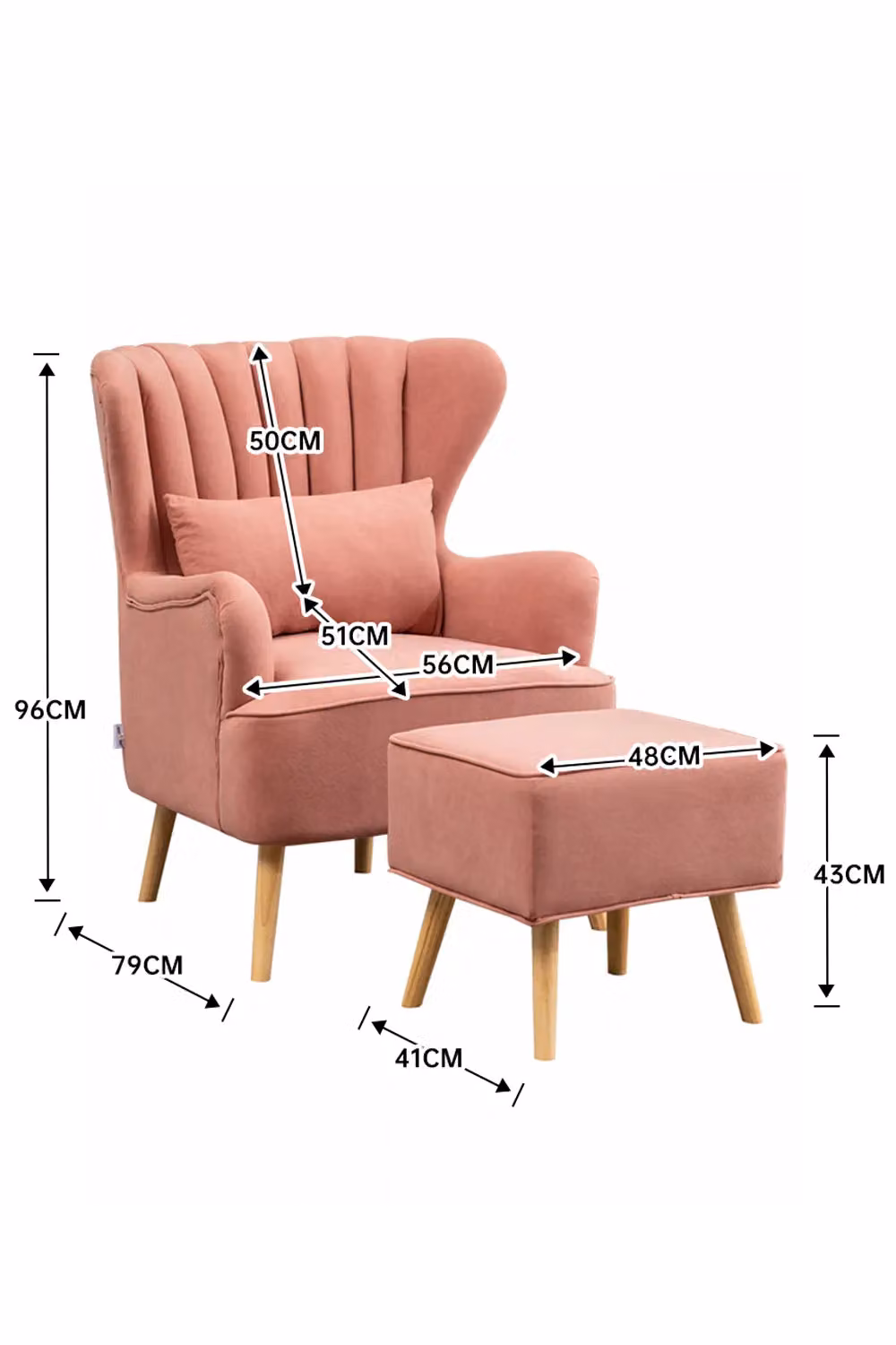 H&O Direct Modern Pink Velvet Curved Back Armchair Set with Lumbar Pillow and Ottoman – 2