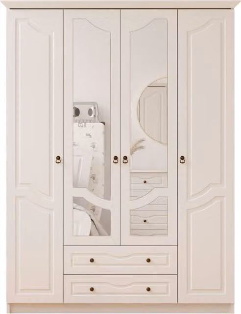 EVUHOME Chloe 4 Door 2 Drawer Mirrored Wardrobe in White, H 210 x W 140 x D 52 cm
