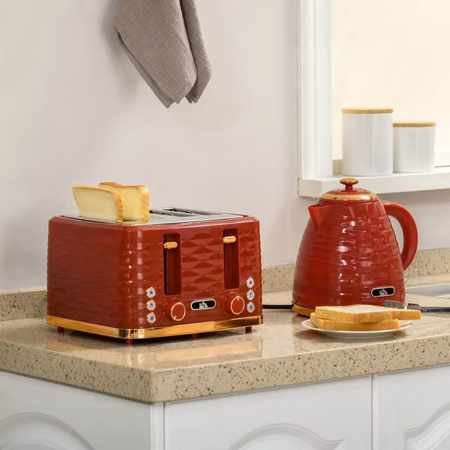 HOMCOM Red Kettle 1.7 l and 4 Slice Toaster Set