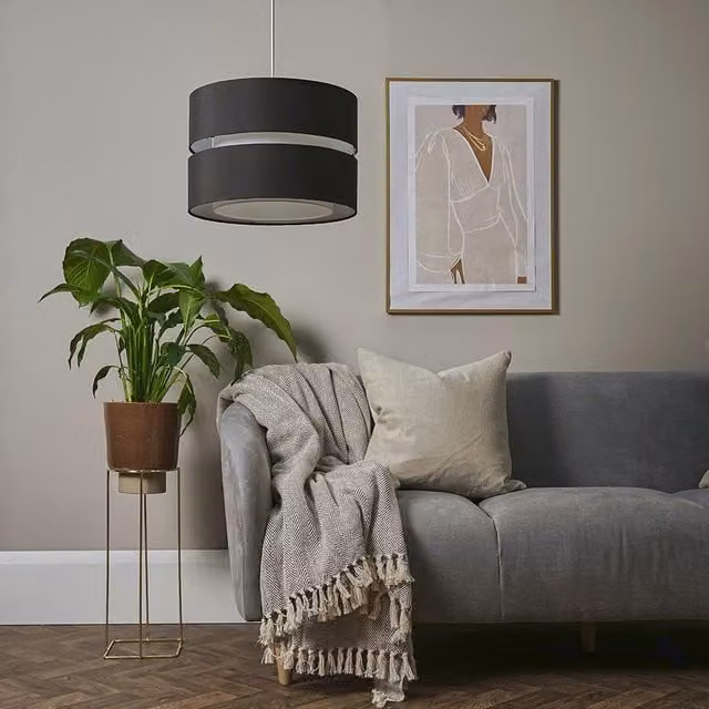 ValueLights Sophia Large 2 Tier Cylinder Ceiling Light Shade and Bulb in Black Fabric