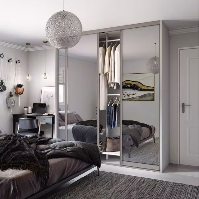 Spacepro Classic Mirror Sliding Wardrobe Door Kit in Pebble Grey, H: 226 cm x W: 176 cm x D: 61 cm