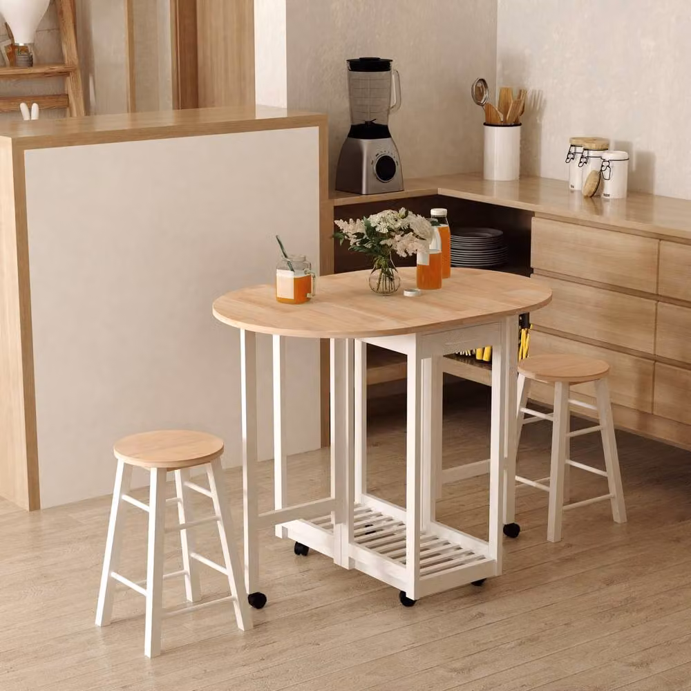 Wyld Haus Rasola White Drop Leaf Mobile Dining Table with 2 Stools, Drawers and Shelf – 3
