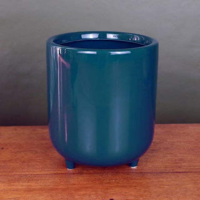 Modern Round Ceramic Tabletop Planter with Feet in Petrol Blue Green with Leaf Design