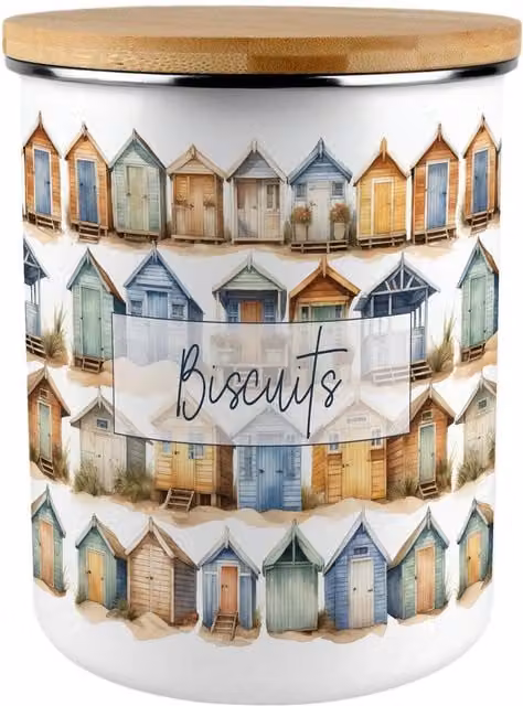 Purely Home Extra Large Beach Huts Enamel Biscuit Tin, Multicoloured