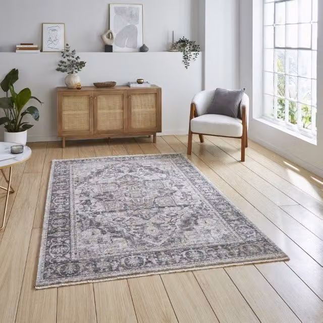 Terrys Vintage Machine Woven Rectangular Rug in Green and Grey