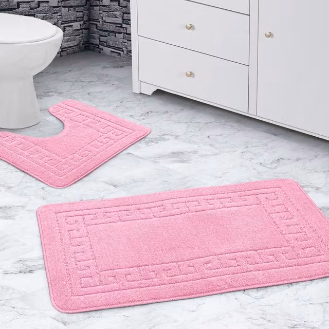 Velosso Greek Key Non-Slip Bathmat and WC Pedestal Mat Set in Pink