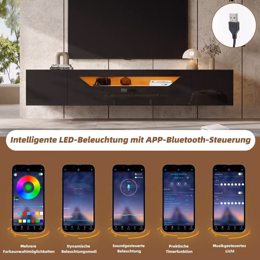 Rolipo Black High Gloss Wall Mounted Floating TV Stand with Integrated Lighting, Width: 180 cm – 4