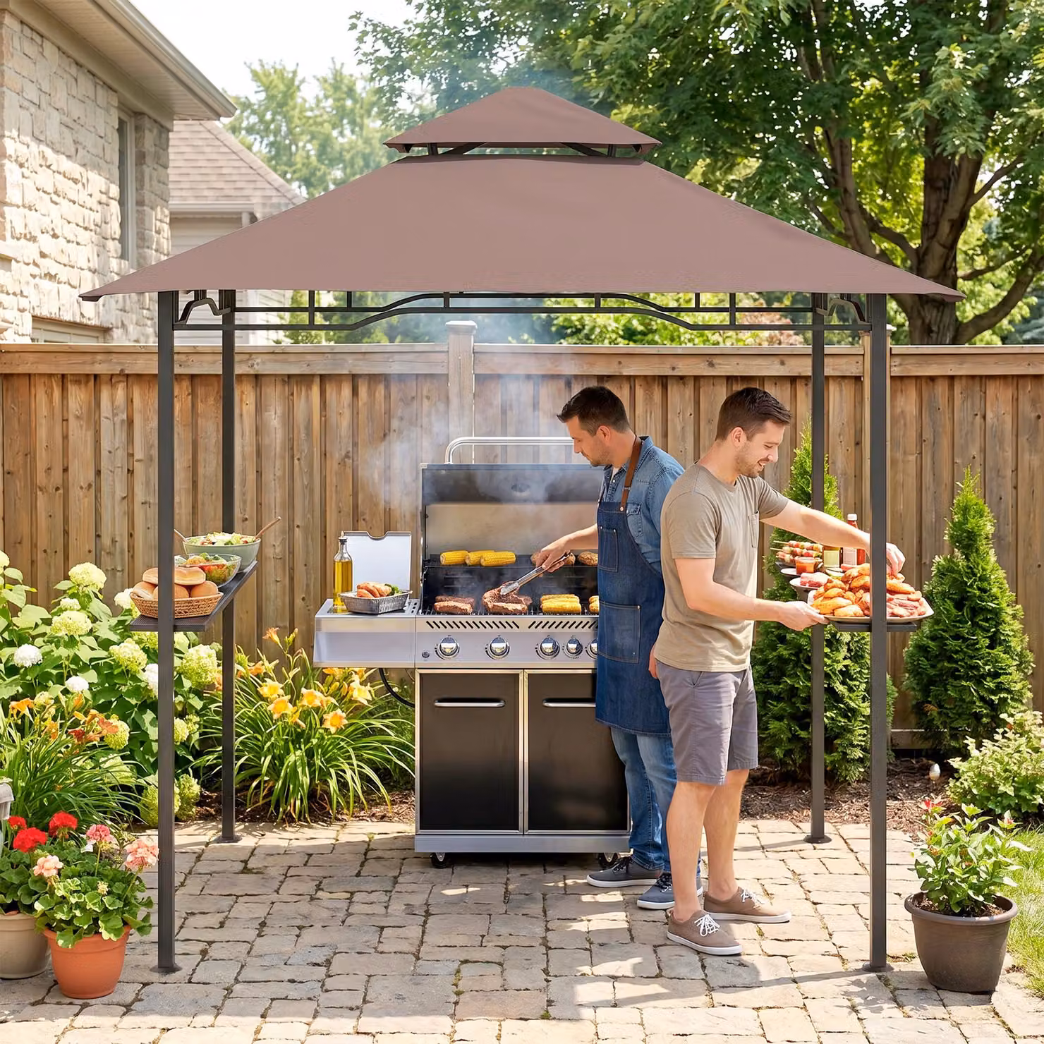Outsunny 8 ft Double-Tier BBQ Gazebo Grill Canopy in Brown – 3