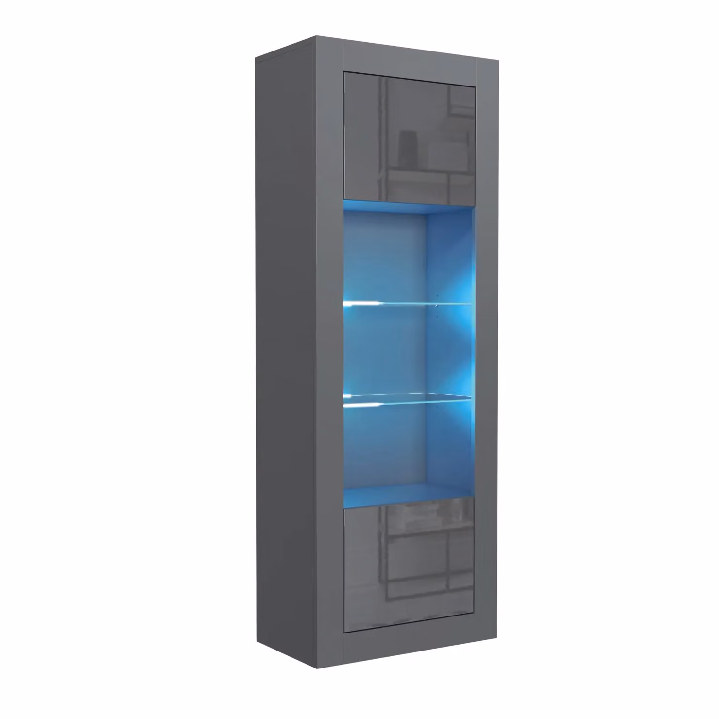 Mex Furniture LTD Modern Glossy Display Cabinet with LED Lighting and Glass Doors in Dark Grey, Height: 170 cm – 2