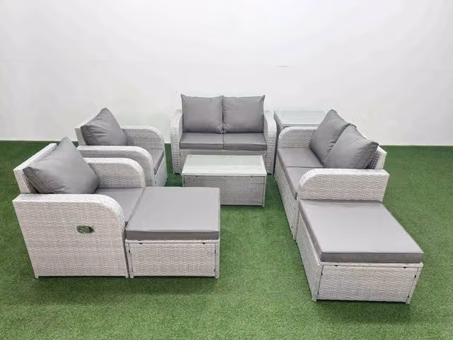 Fimous 8 Seater Rattan Garden Furniture Set in Light Grey with Reclining Chairs, Coffee Table and Ottomans