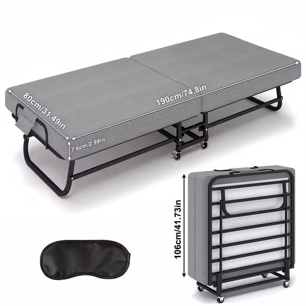 Ventryn Adult Folding Rollaway Bed with Grey Memory Foam Mattress and Wheels, W/D/H: 80 x 190 cm – 2